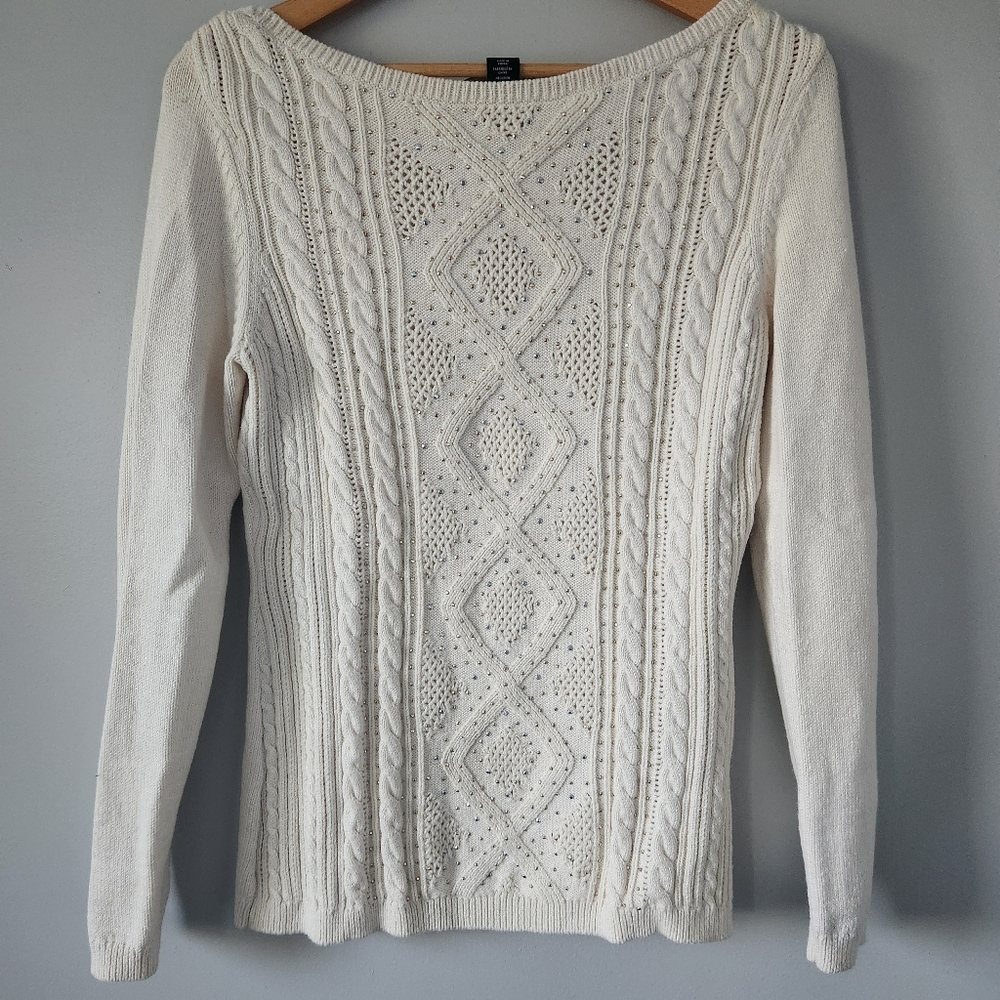 White House Black Market Cream Cable Knit Crew Neck Sweater